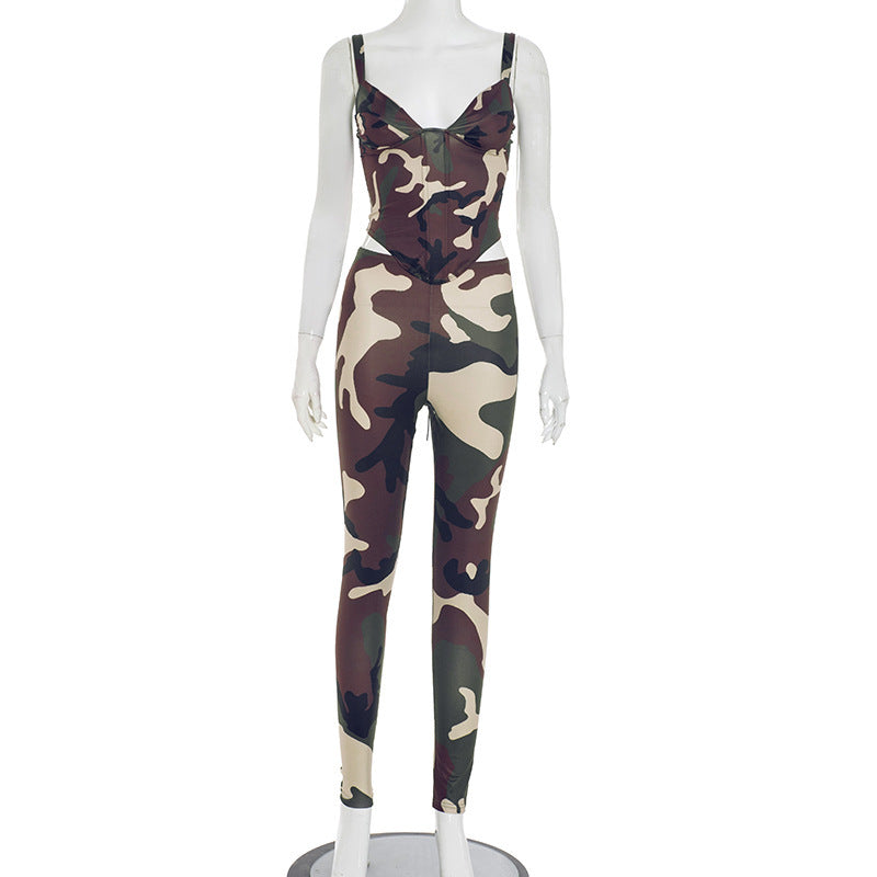 Camouflage Printed Back Lace Up Short Sling Vest Two-piece Set