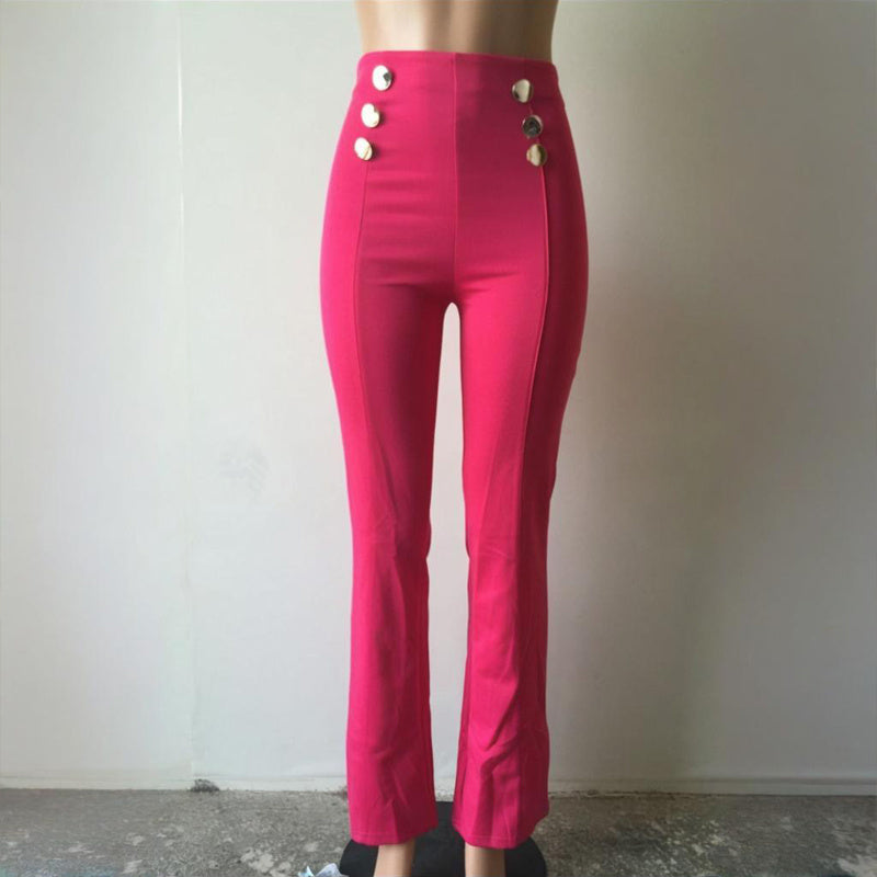 Women's Elegant High-Waisted Wide Leg Pants With Double-Breasted Buttons - Flared Trousers For Casual & Formal Wear